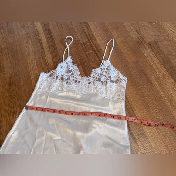 90s Vintage White Satin Slip w Sheer Lace Cups M - Picture 7 of 9